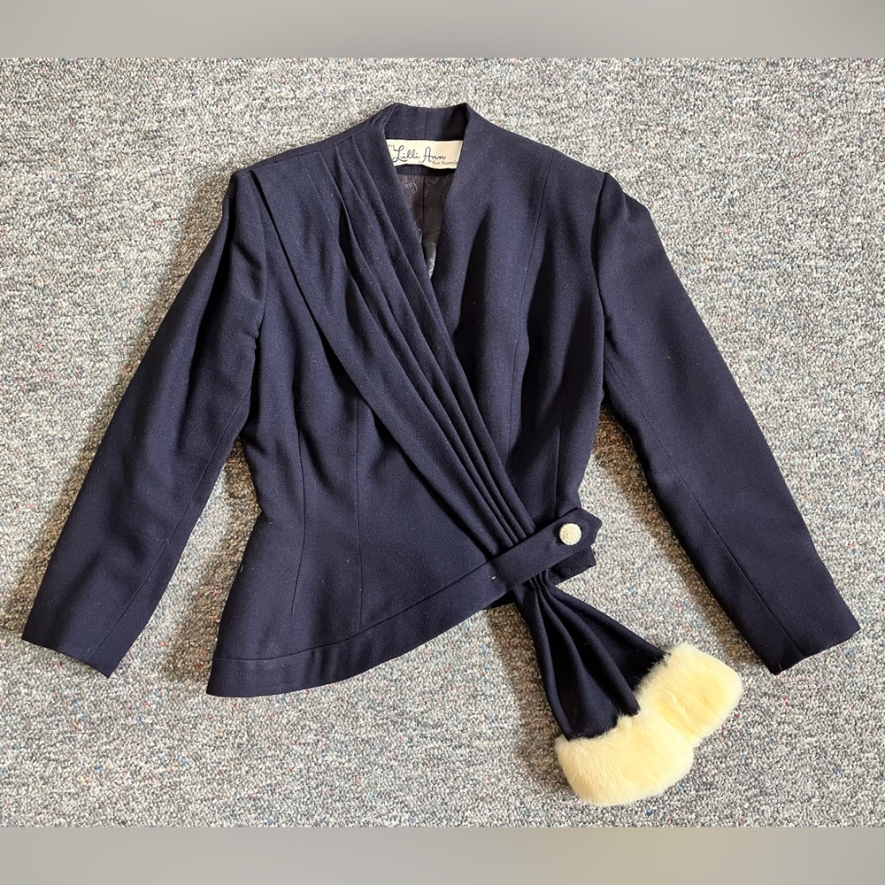 Vintage Lilli Ann Navy Wool Jacket with Fur Accent